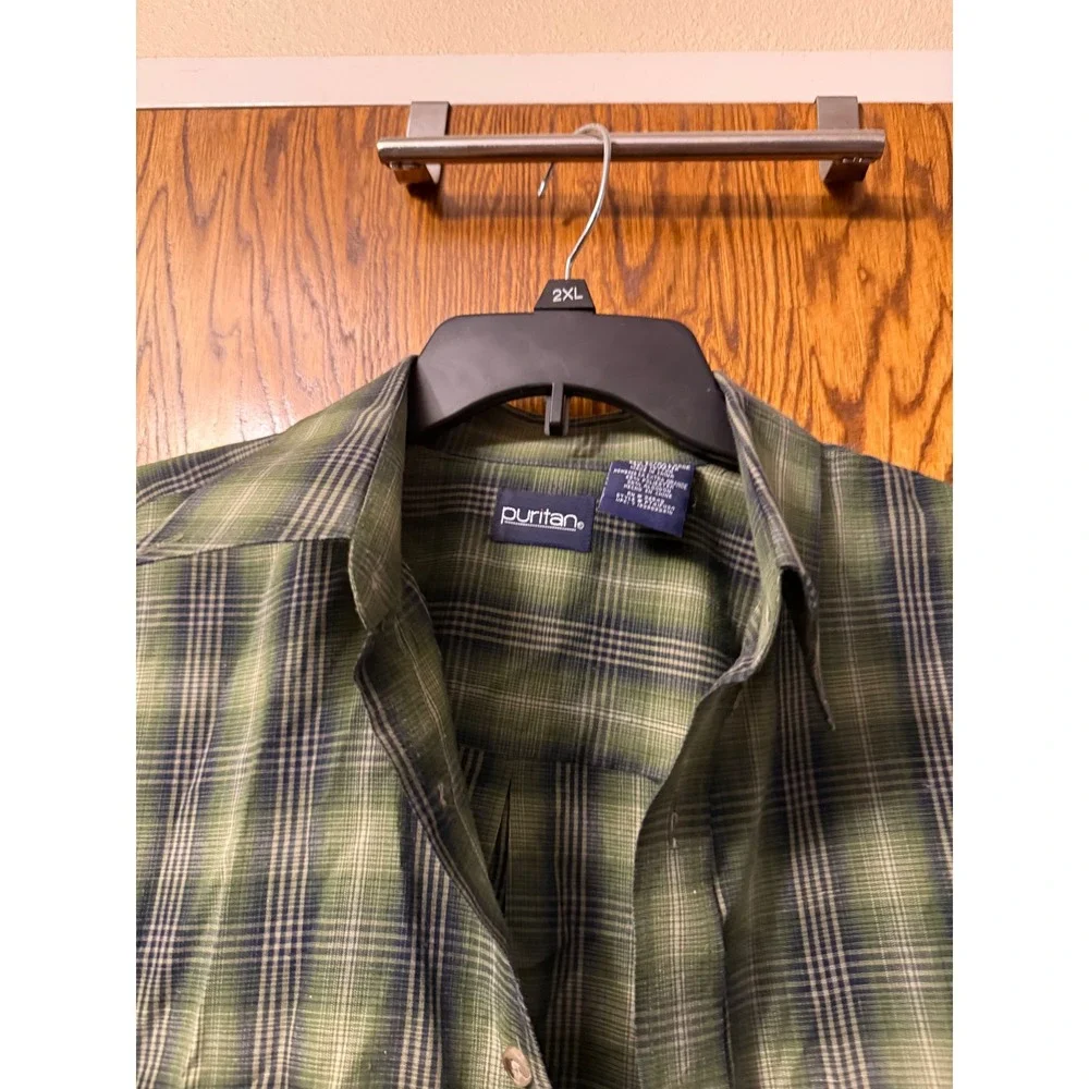 Puritan Mens XL Long‎ Sleeve Button Down Plaid Shirt Green Navy PT41F024